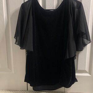 THML Anthropology Black Velvet Top with Sheer Flutter Sleeves